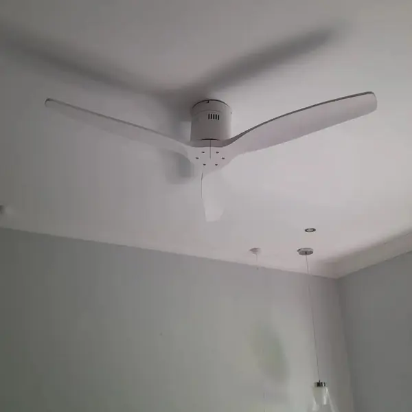 Handyman job: white ceiling fan installed, cornice and pendant lights