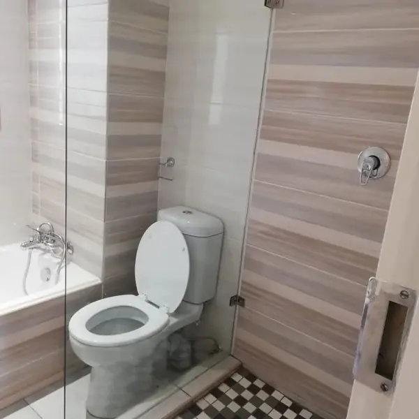 Renovations job: bathroom with striped tiles, toilet and bath