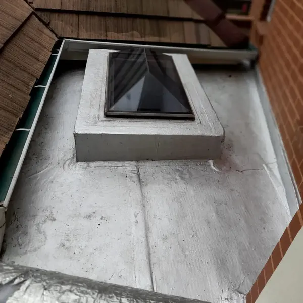 Waterproofing job: grey sealed roof around skylight